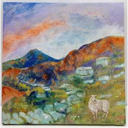 Ann Lamb (British 1955-): 'Sheep on the Moors', mixed media on canvas signed 50cm x 50cm (unframed)

