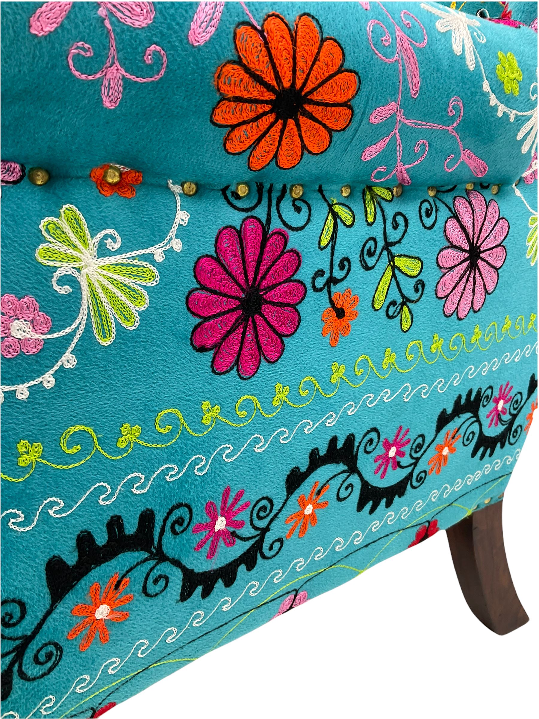 Myakka Victorian style club armchair, upholstered in crazy daisy turquoise fabric 