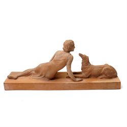 Ugo Cipriani (Italian 1887-1960): A Lady and Her Dog, terracotta sculpture signed, W61cm 