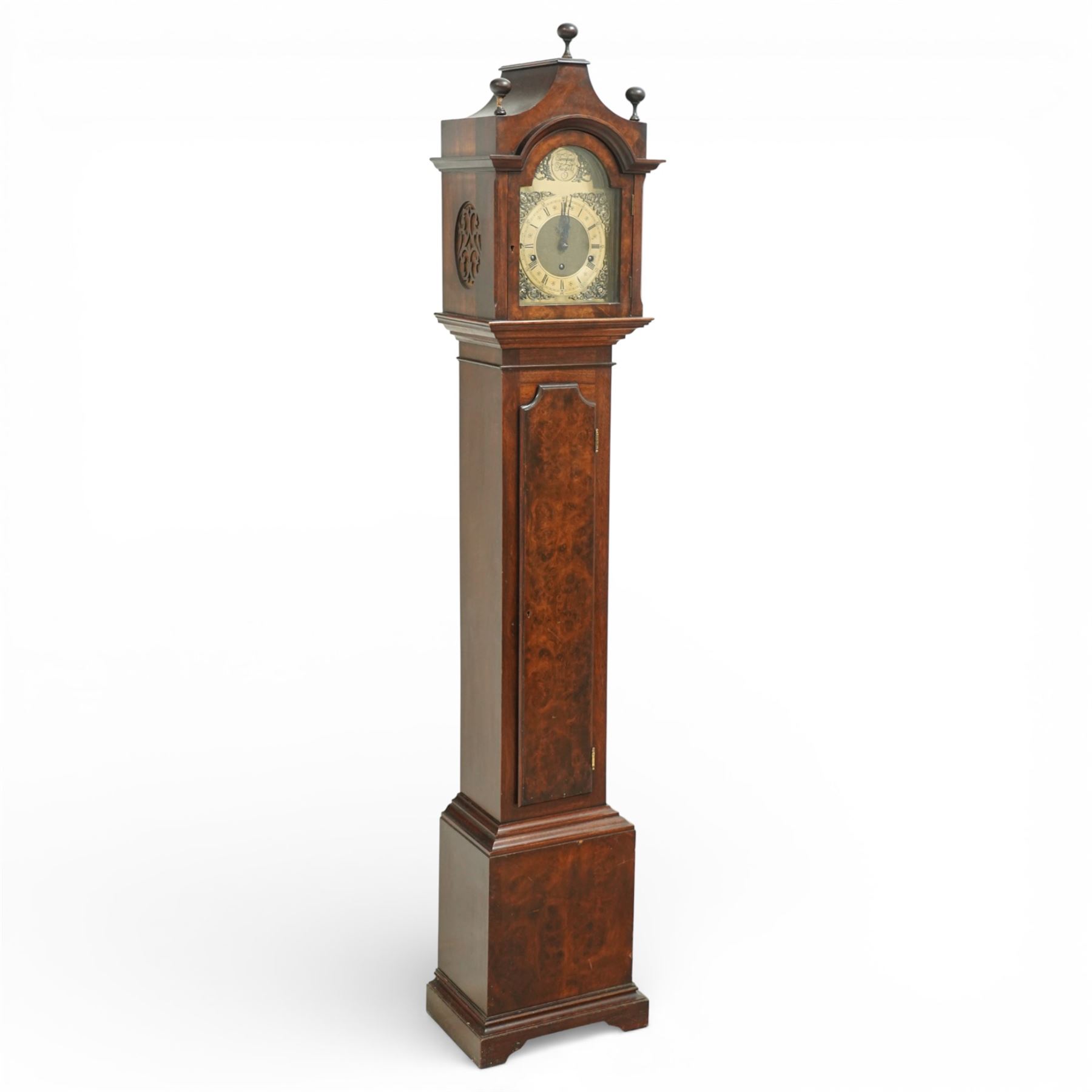  Grandmother clock, the brass dial inscribed 'Walton, Newcastle upon Tyne', with three train movement in burr walnut case on bracket feet  H170cm keys and pendulum