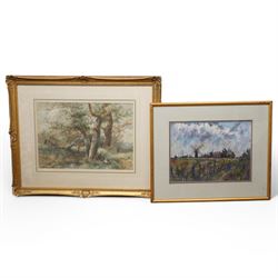 Collection of watercolours, pastel and oils including W B Morrison harbour watercolour (in one box)