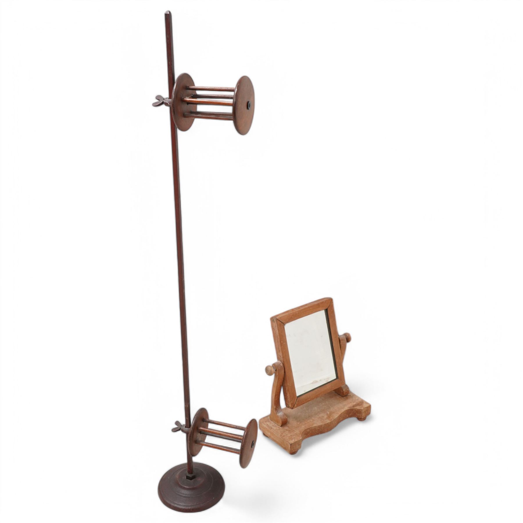 Late 19th century mahogany two-cylinder adjustable wool winder on metal stand H112cm and a Victorian swing toilet mirror (2)