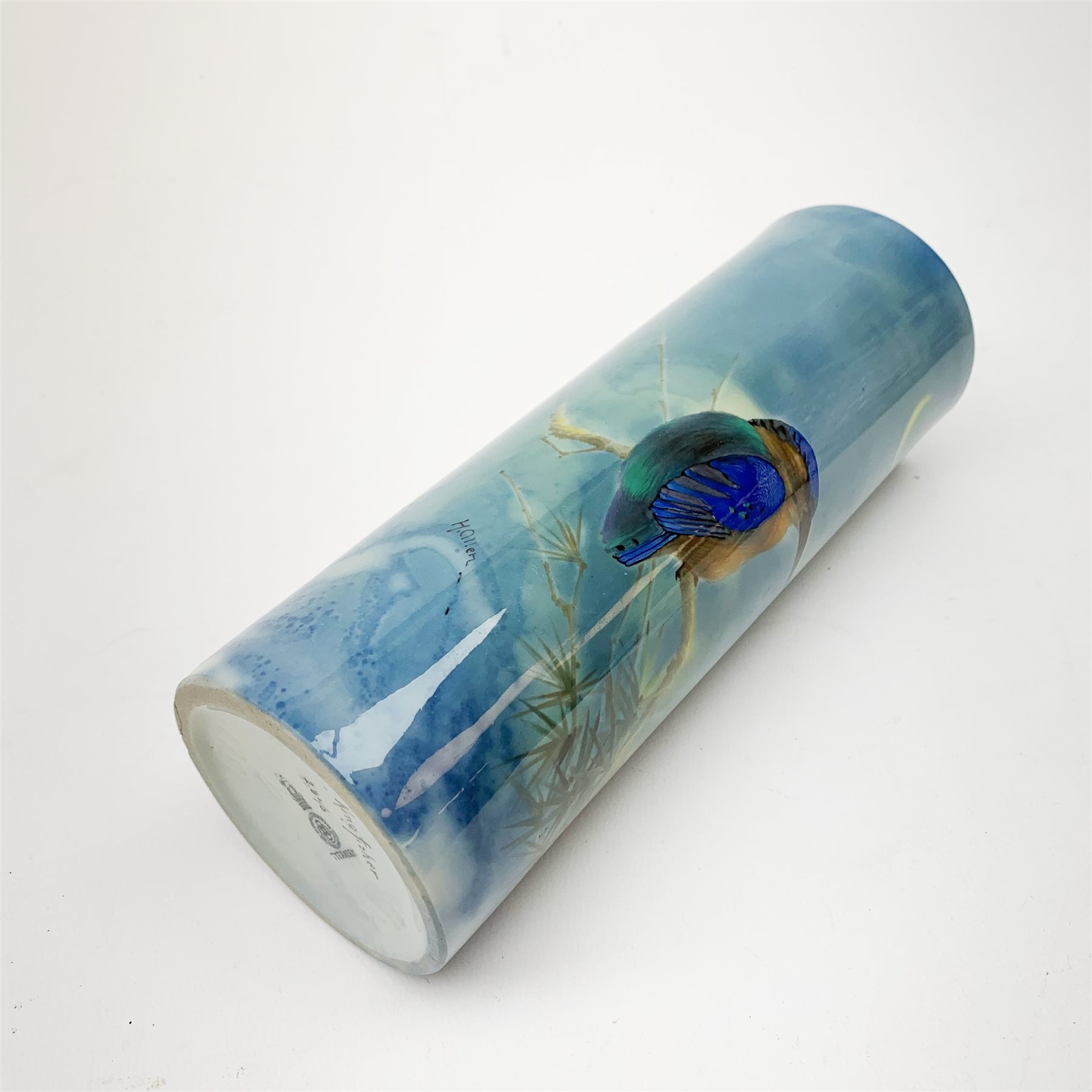 Royal Doulton Titanian Ware vase, painted by Harry Allen, of cylindrical form decorated with a Kingfisher perched upon a branch beneath a crescent moon, signed H. Allen, with printed mark beneath and painted mark 'Kingfisher 2846', H21cm