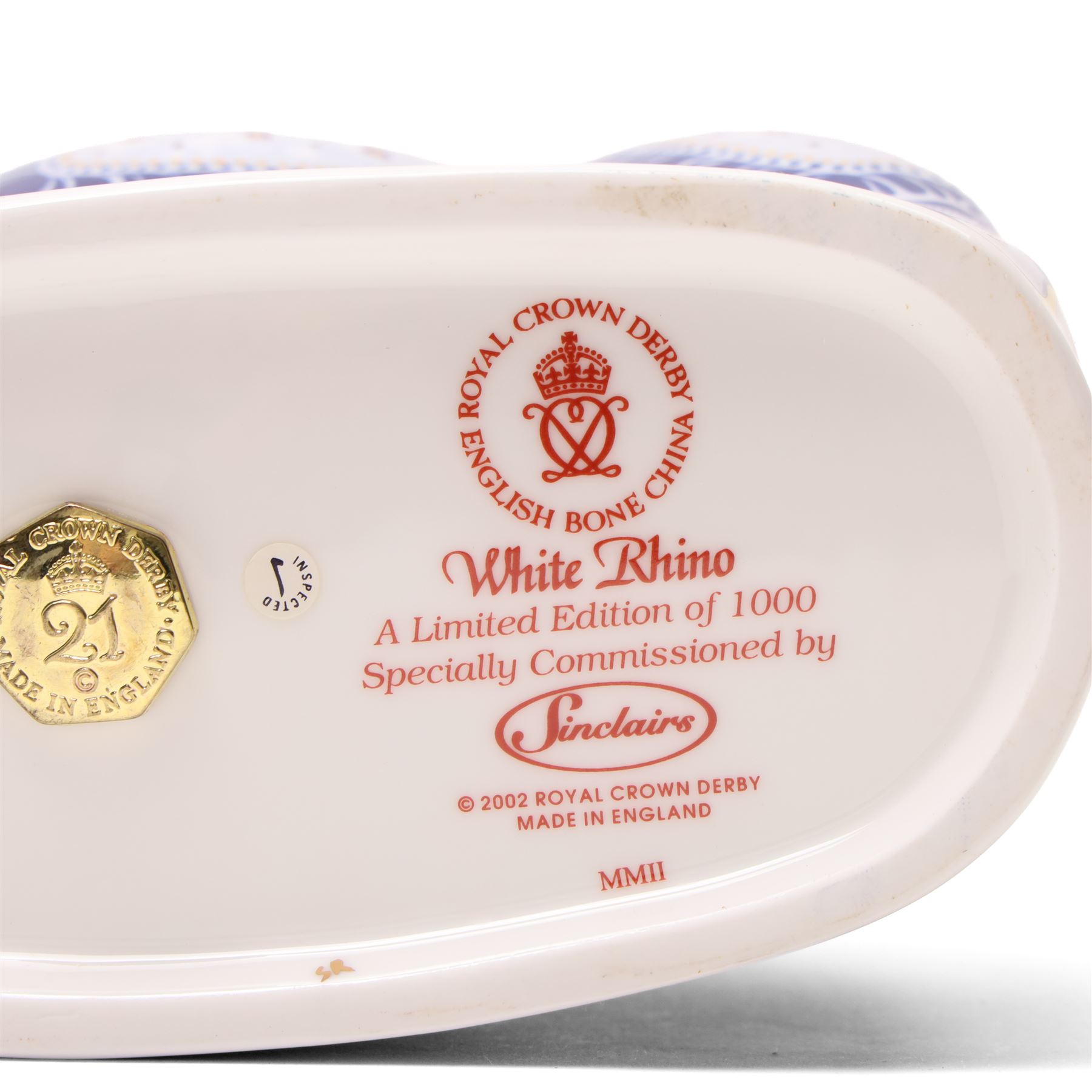 Royal Crown Derby  White Rhino paperweight from the Endangered Species series, gold stopper, limited edition commissioned by Sinclairs 177/1000 with certificate