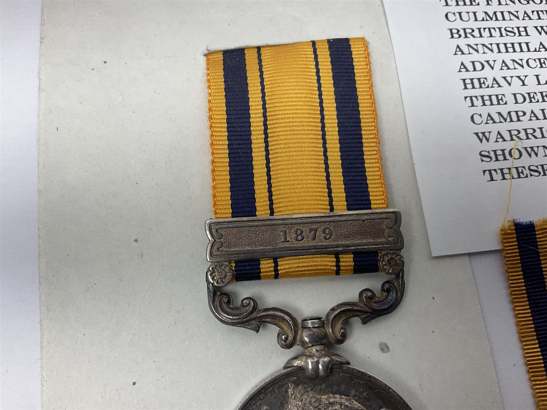 Victoria South Africa Medal (Zulu Wars) 1877-79 with 1879 clasp awarded to 50/544 Pte. T. Noon 57th Foot (West Middlesex regiment); with replacement ribbon but original ribbon present