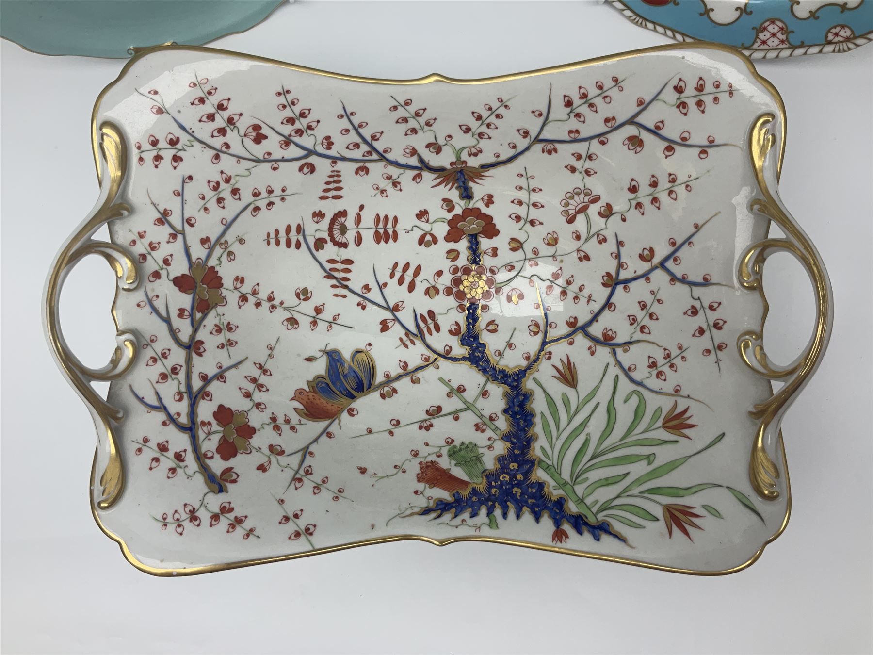 19th century Royal Crown Derby in cherry tree pattern, twin handled sauce dish and saucer and twin handled dish, together with three Royal Crown Derby plates, including one signed WEJ Dean