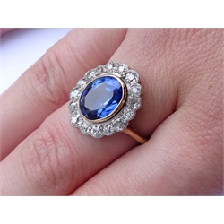  18ct gold oval synthetic sapphire and old cut diamond cluster ring  