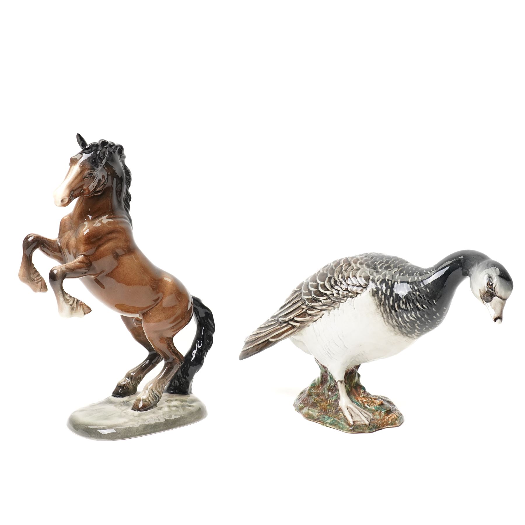 Beswick Barnacle Goose no. 1052, withdrawn 1968, stamped to base, and a Beswick rearing Welsh cob, in brown gloss, no. 1014 (2)