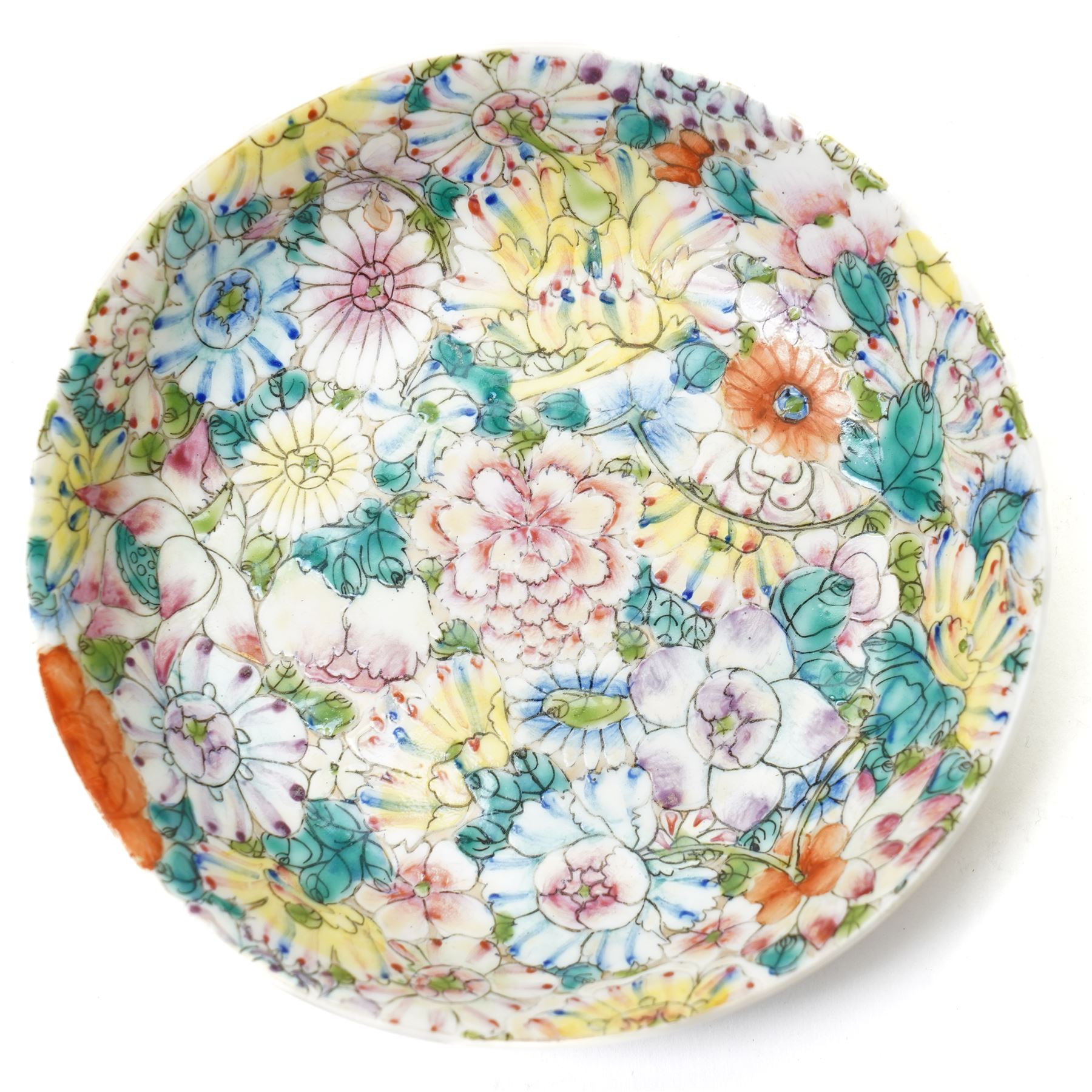 Pair of Chinese Kangxi period blue and white lobed dishes decorated with panels of fishermen, and another painted with a traditional scene, unmarked, D11.5cm; together with a Chinese millefleur dish, painted externally with bats, apocryphal Qianlong marks in red to base, D14.5cm (4)