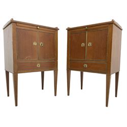 Pair of early 20th century bedside cabinets, fitted with brushing slide over cupboard and single drawer, each with gilt metal cock-beading, raised on square tapering supports