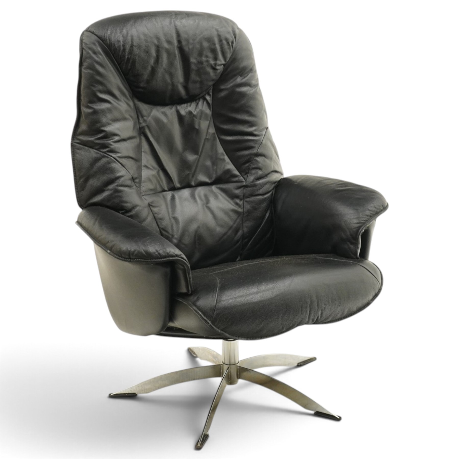 Hjort Knudsen - Danish swivel armchair or desk chair, high back over swept arms, upholstered in black leather, raised on a five-spoke chrome base with swivel action