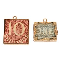 Two 9ct gold money box pendant / charms, hallmarked
