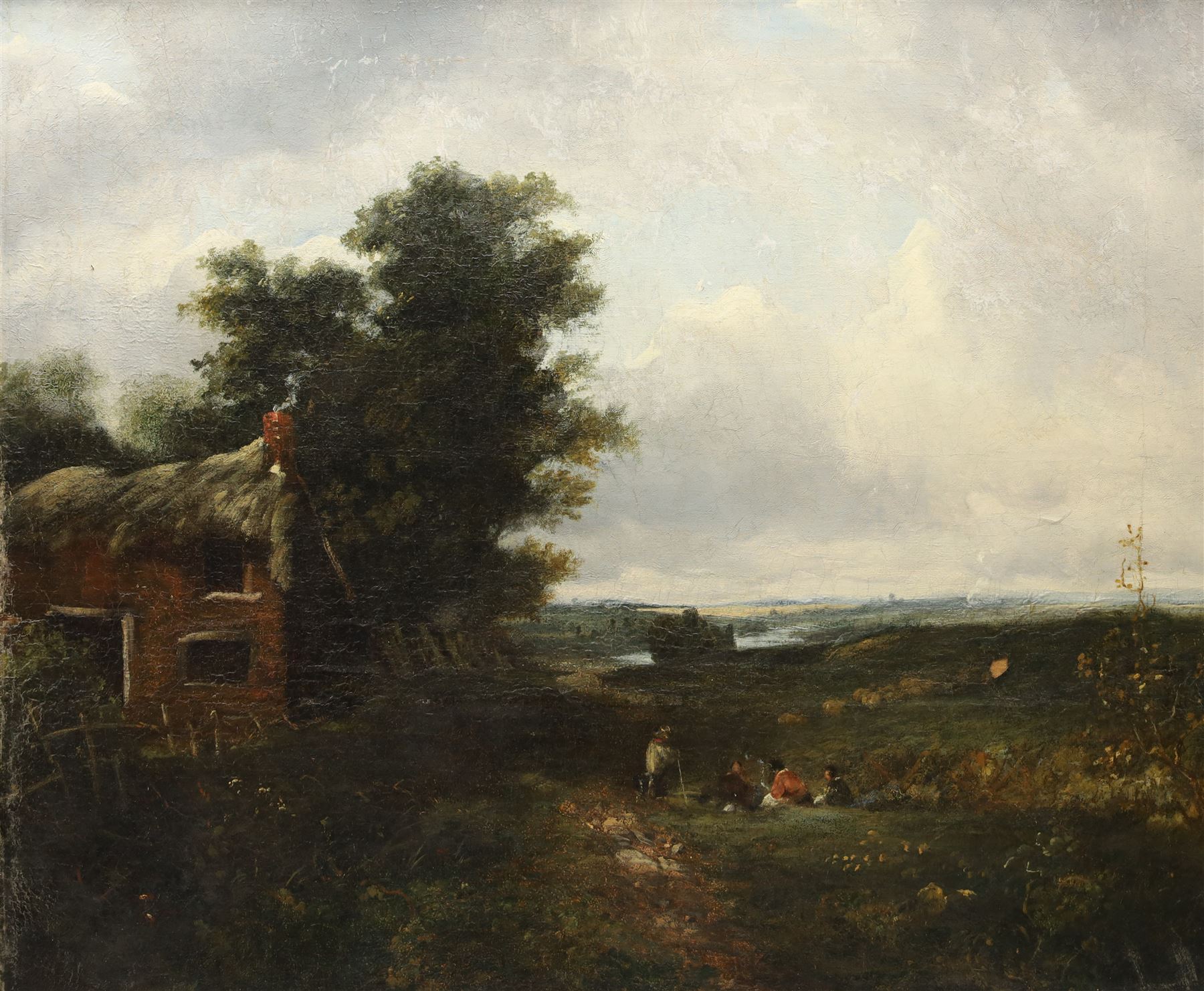 Norwich School (19th century): Flatland Landscape with Thatched Cottage, oil on canvas unsigned 62cm x 75cm 