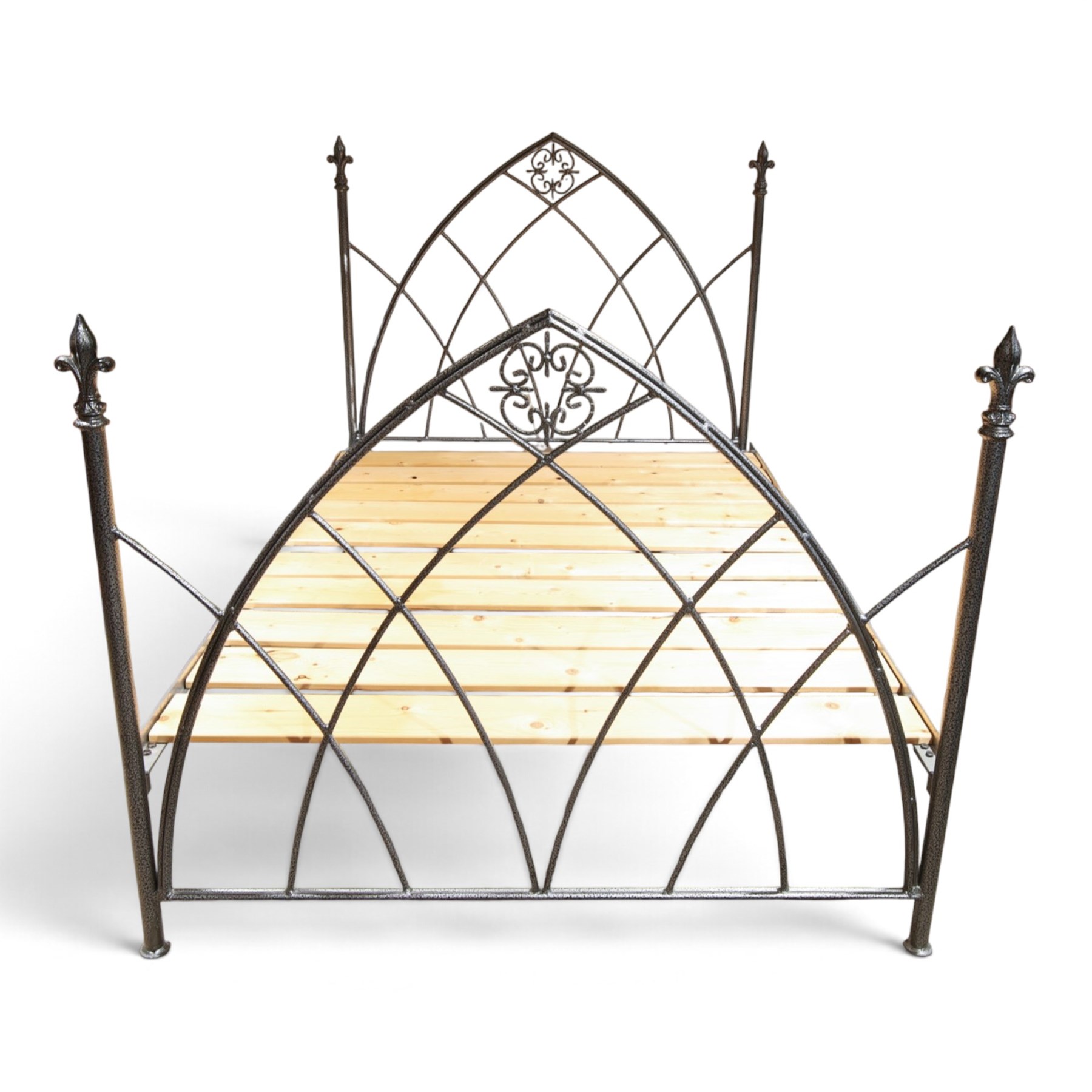 Gothic design wrought iron double bed, with silvered hammered finish, metal frame with large wooden slats