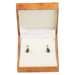 Pair of 9ct gold opal pendant earrings, boxed