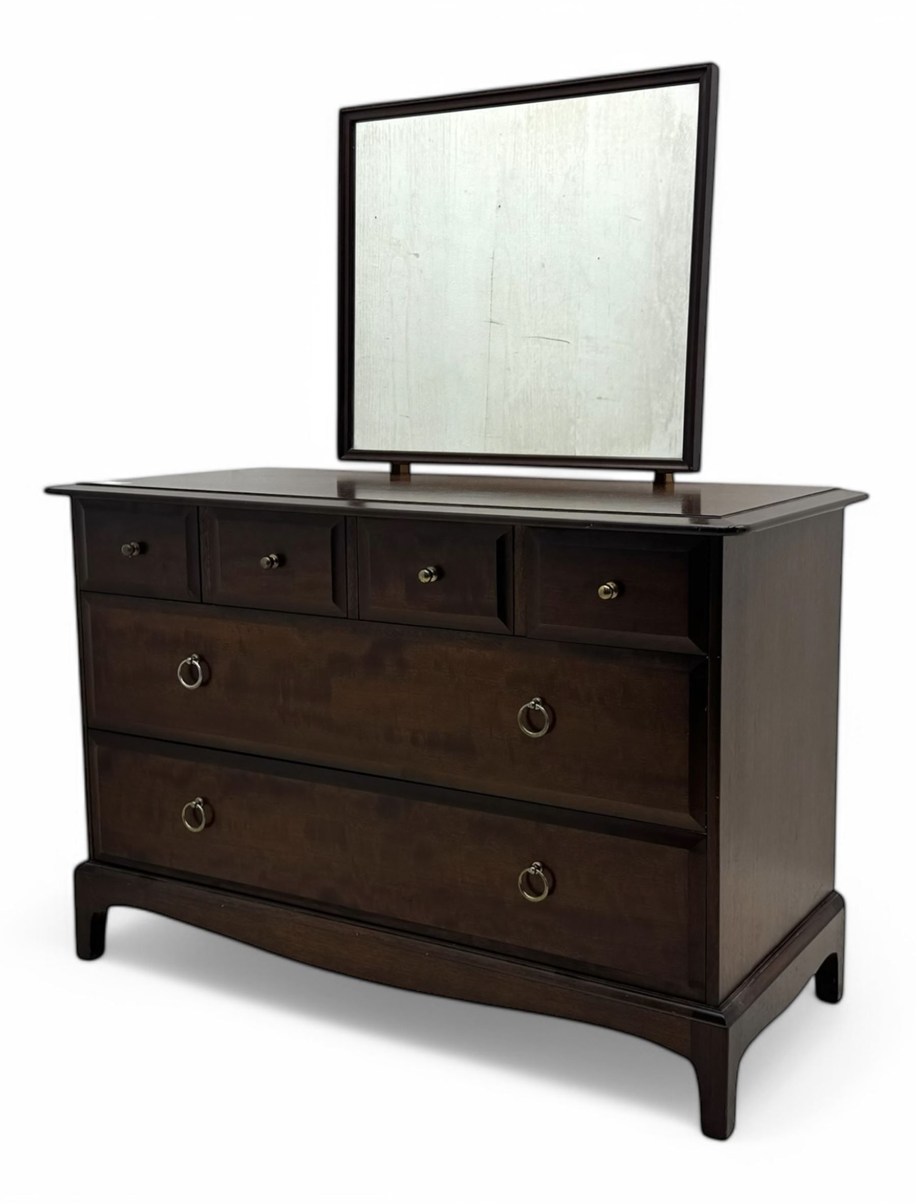 Stag Minstrel - mid-20th century mahogany dressing chest, rectangular top surmounted by adjustable mirror, the upper section fitted with four small drawers over two full-width drawers, on bracket feet