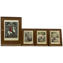 French School (20th century): Horse and Uniformed Rider, set three hand-coloured engravings 20cm x 14cm, together with another similar 29cm x 20cm (4)