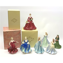 A group of seven Coalport Ladies of Fashion figurines, comprising Grace, Marion, Jean, Natalie, The Birthday Girl, A Gift at Christmas, and Merry Christmas 2005, three with boxes. (7). 