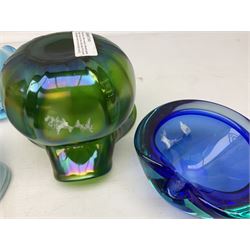 19th/ early 20th century iridescent green glass vase in the Loetz style, H11cm together with a handkerchief sky blue glass vase and other Murano and art glass dishes to include a captured bubble design example
