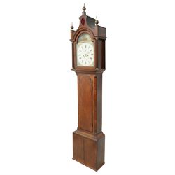 Patrick Forrester of Hull-early 19th century 8-day oak and mahogany longcase, c1830, With a pagoda pediment and three matching ball and spire finials, break arch hood door beneath flanked by reeded pilasters with brass capitals, trunk with canted corners and a full length break arch topped door with crossbanding, on a square plinth with an applied moulding to the base, fully painted dial with matching spandrels and a scene of a huntsman to the arch, with Roman numerals, fifteen minute Arabic's, stamped brass hands, seconds dial and date aperture, dial pinned via a falseplate to a rack striking movement, striking the hours on a bell. With key, weights and pendulum.   A good example of this refined design of case popular in the East Riding of Yorkshire and London, the hood is of particularly good proportions.
Patrick Forrester is listed as working in Hull 1813-1840, also as a Jeweller and Goldsmith.         