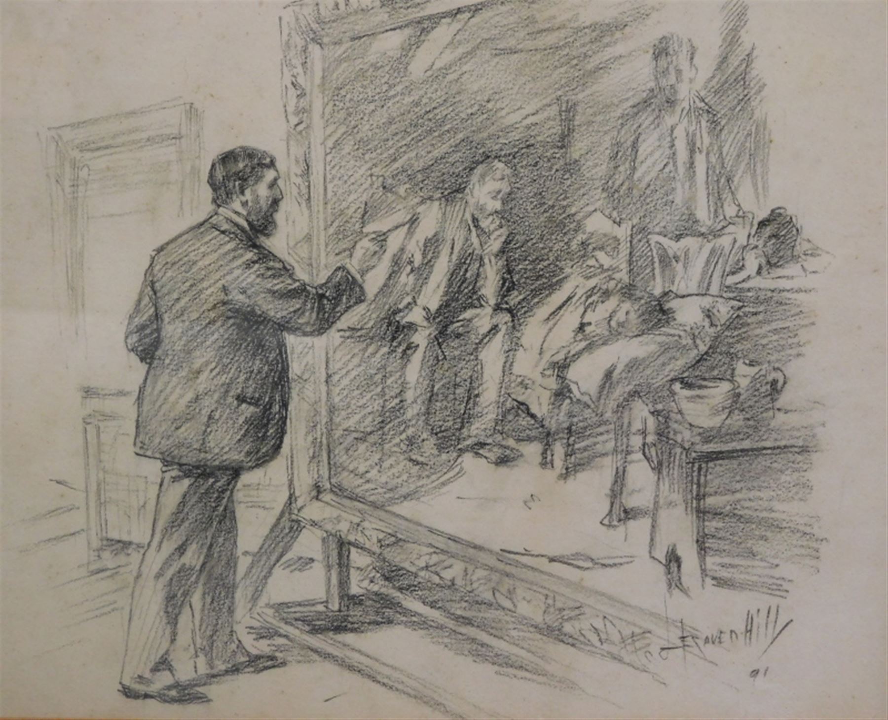 Leonard Raven-Hill (British 1867-1942): Sir Luke Fildes painting ‘The Doctor’, pencil signed and dated ‘91, 23cm x 28cm