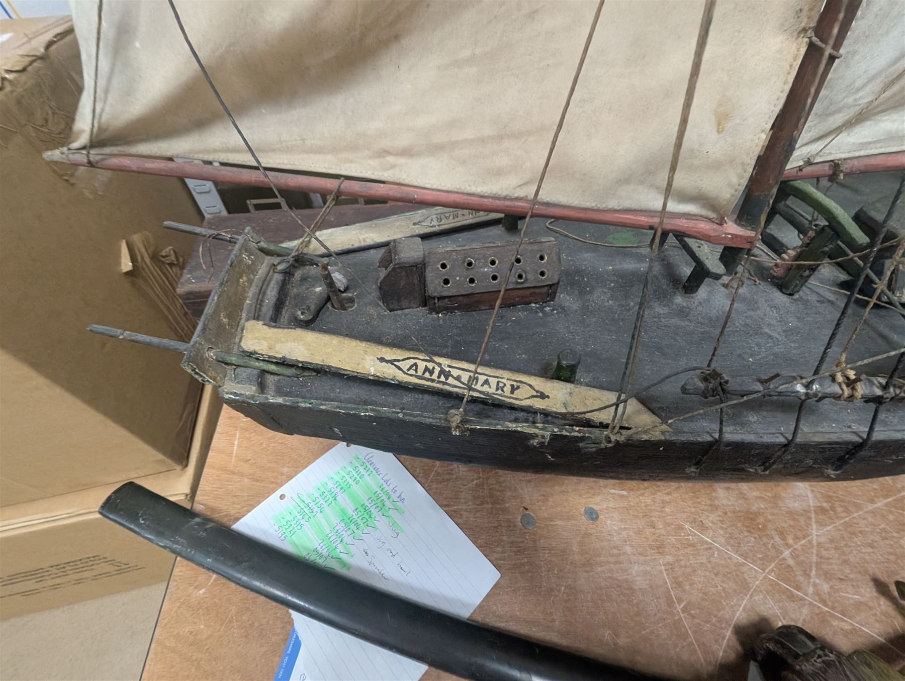 Late Victorian scratch built model of 18th century ship in full sail with the name Ann & Mary painted to the hull, upon a wooden stand, H128cm