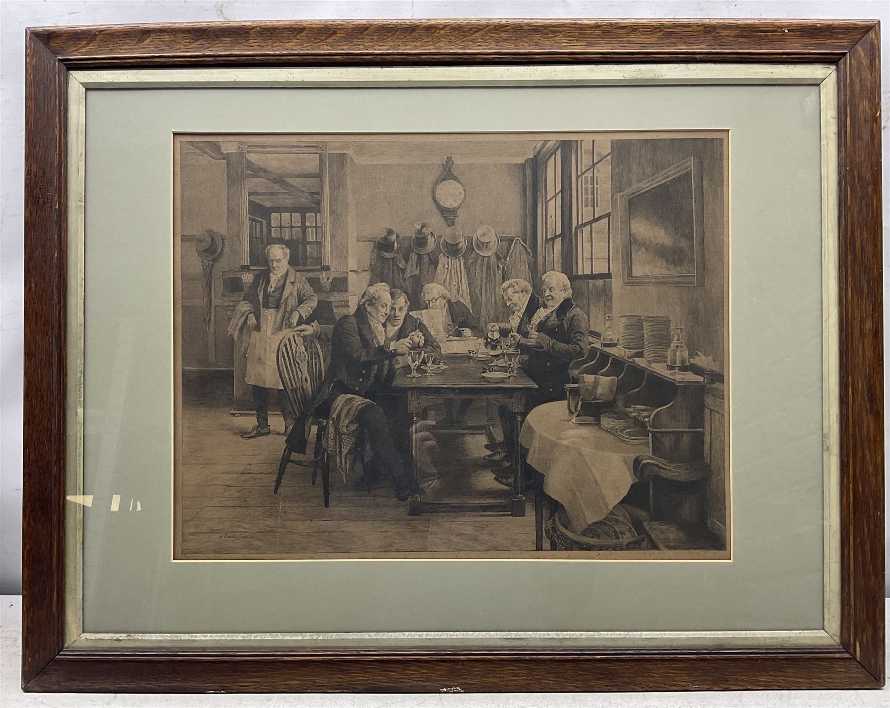 After Walter Dendy Sadler (British 1854-1923): Gentlemen Discussing Business, pair of oak framed etchings pub c1900 40cm x 51cm (2)