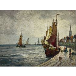 Claude Montier (20th Century): Figures and Ships Along the Promenade, oil on canvas signed 59cm x 79cm
