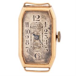 Omega early 20th century 9ct gold manual wind wristwatch, white enamel dial with subsidiary seconds dial, case by Dennison, Birmingham 1927, on a gold-plated strap and an Americ 14ct gold manual wind wristwatch, stamped 14K