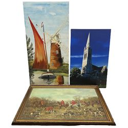 Hunting print, windmill oil on canvas and church canvas photograph (3)