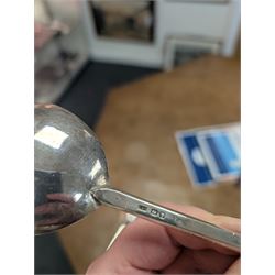 Pair of 17th century style seal top table spoons, with rounded fig shaped bowls and seal top finials, engraved ALC JEB 1649, with leopards head mark to centre top of bowl and modern hallmark on reverse for London Assay Office with no date mark