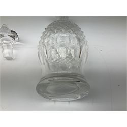 Waterford Crystal Coleen pattern cut glass decanter, together with a set of four plain mallet shaped decanters, and a further decanter of flask form, (6)