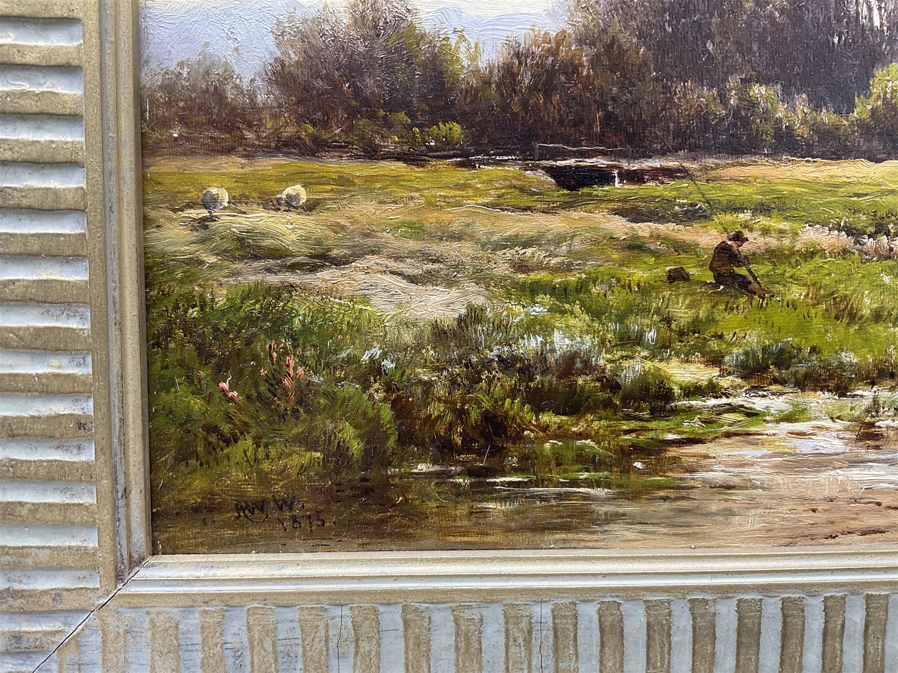 Alfred Walter Williams (British 1824-1905): 'The River Mole near Bletchworth - Surrey', oil on canvas signed with initials and dated 1875, 22cm x 37cm