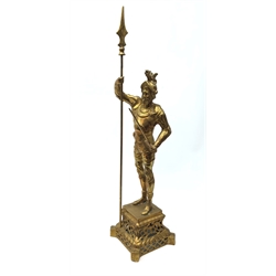  20th century brass fire iron stand in the form of a knight in armour on pierced shaped base, H80cm  