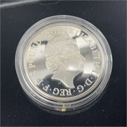 Three The Royal Mint United Kingdom silver proof five pound coins, comprising 2012 'London 2012 Paralympic', 2015 '100th Anniversary of the Death of Edith Cavell' and 2017 'Remembrance Day' piedfort, all cased with certificates 