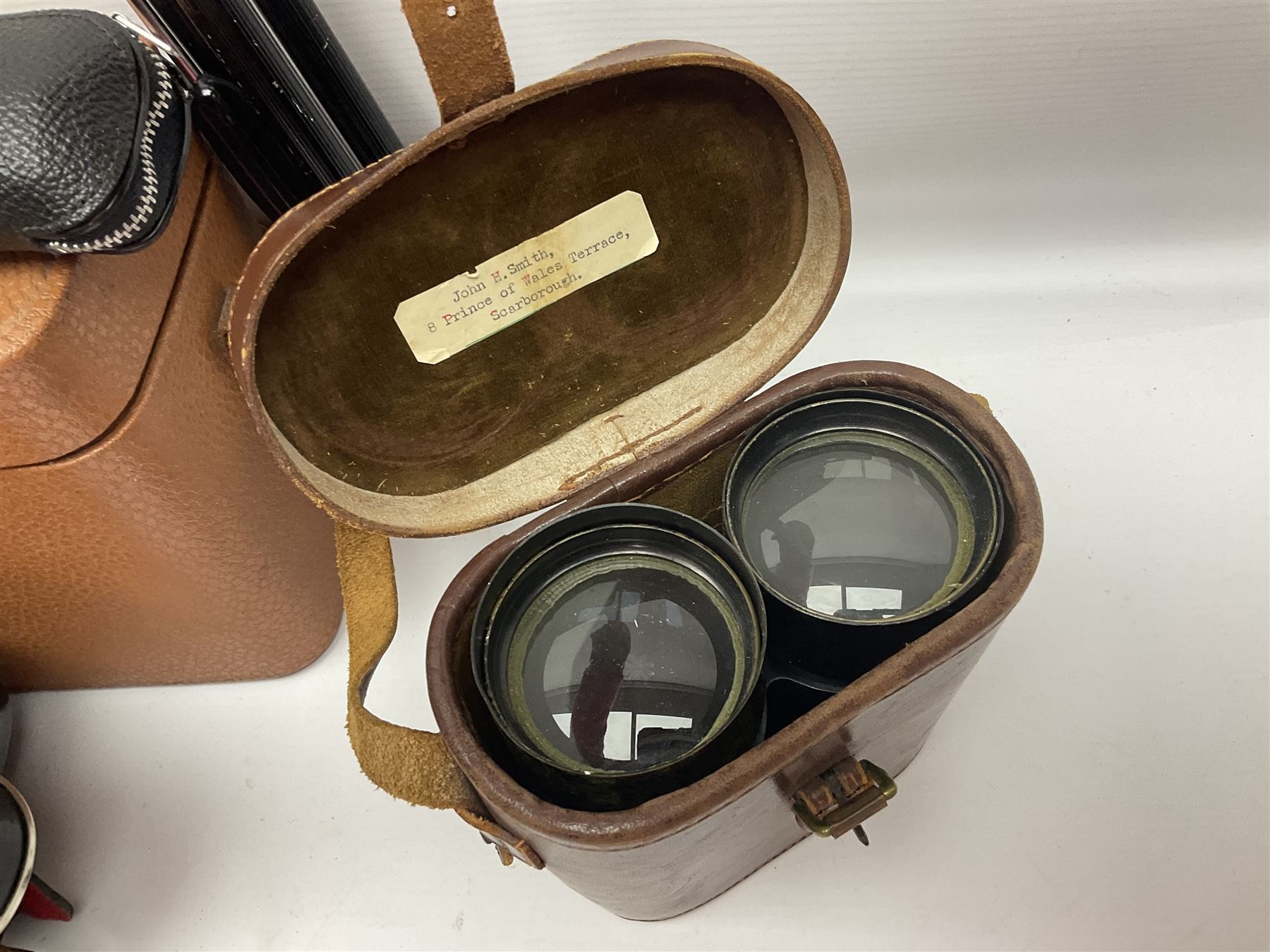 No2 folding autographic brownie, Exakta Varex IIb camera, brass three draw telescope, H.H. Son Ltd binoculars, Carl Zeiss Jena Jenoptem 7x50W binoculars etc