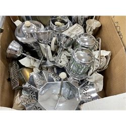 Silver plated three light candelabra, boxed gilded cutlery, copper dish, viners silver plated table lighters, brass bed pan and other metalware etc