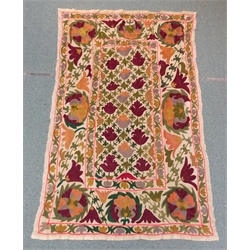  Suzani Uzbek embroidered wall hanging decorated with stylized flowers and foliage, L150cm x W97cm    