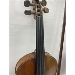 German trade violin in the Steiner style c1900 with 35.5cm two-piece maple back and ribs and spruce top L59cm overall; in fitted carrying case with two bows; and a Saxony violin with 35.5cm one-piece maple back and ribs and spruce top L58.5cm overall (2)