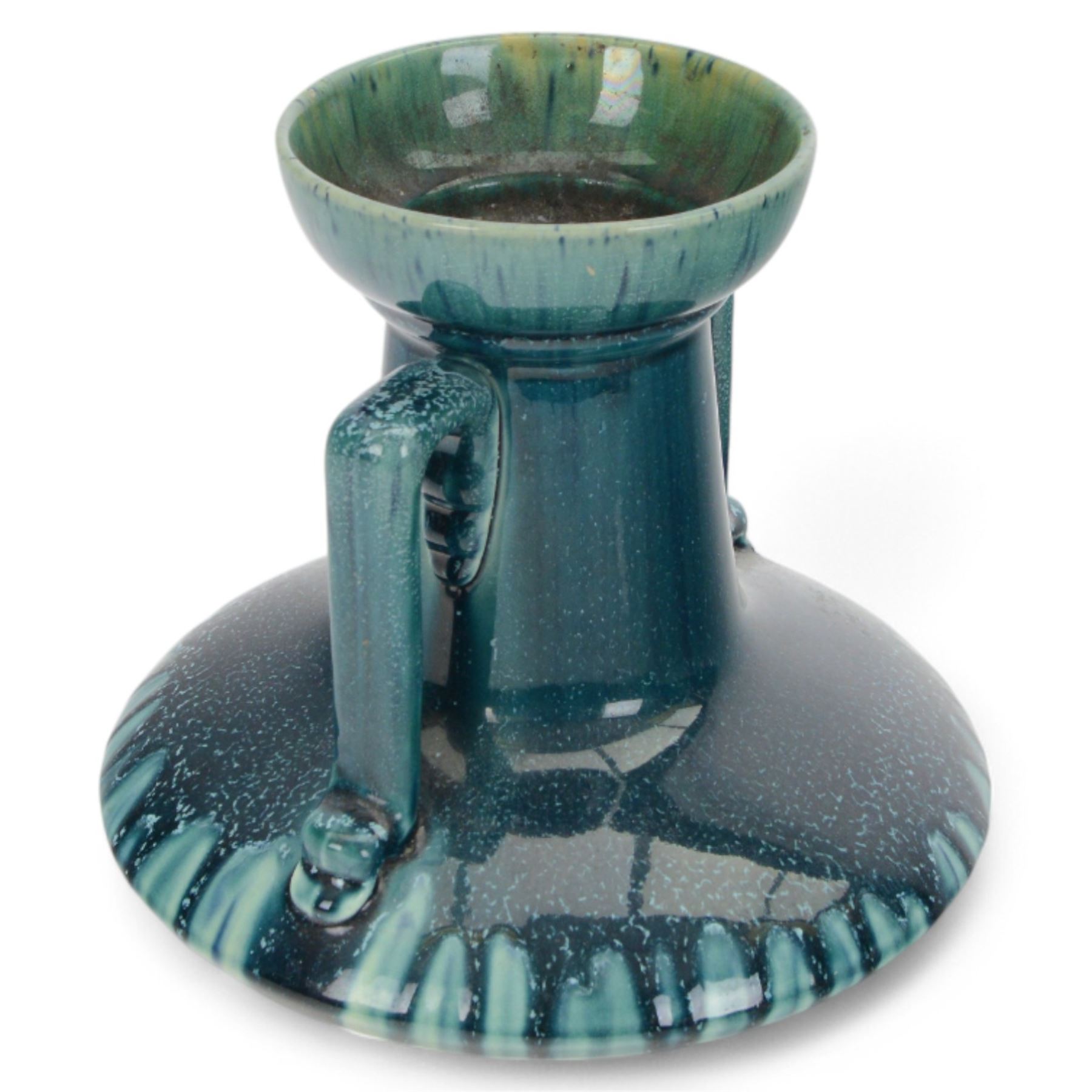 Linthorpe twin handled vase, in green and blue trailing glaze, impressed marks beneath, H22cm 