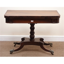  Regency rosewood card table, baize lined folding swivel top on baluster column and platform base with four sabre legs, W90cm D90cm, H70cm   