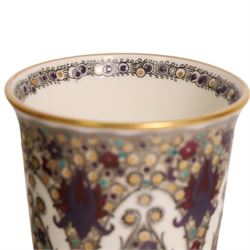 Pair of early 20th century Royal Worcester shape 2601 vases, painted with peacock feather design, marked in puce to base H16.5cm 