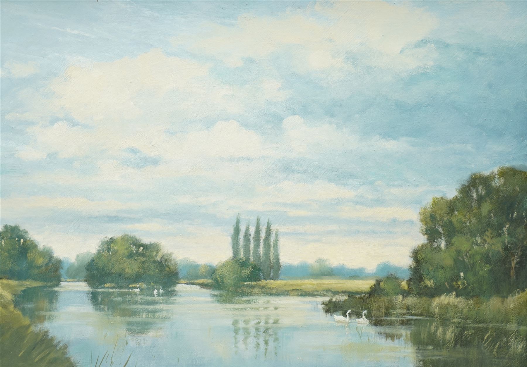 William Burns (British 1923-2010): 'Swans a Swimming', oil on board unsigned, titled verso 34cm x 49cm
Provenance: consigned by the artist's daughter - never previously been on the market