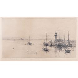 Rowland Langmaid (British 1897-1956): Newlyn and St Michael's Mount, etching signed in pencil 16cm x 30cm; Frank Henry Mason (Staithes Group 1875-1965):  Surrender of the German Fleet, etching 17.5cm x 35cm (2)
Notes: Original signature removed and wrongly attributed.