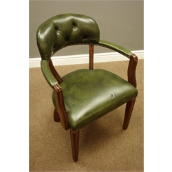  Regency style mahogany captains office armchair, curved buttoned back, moulded square tapering legs, upholstered in green  