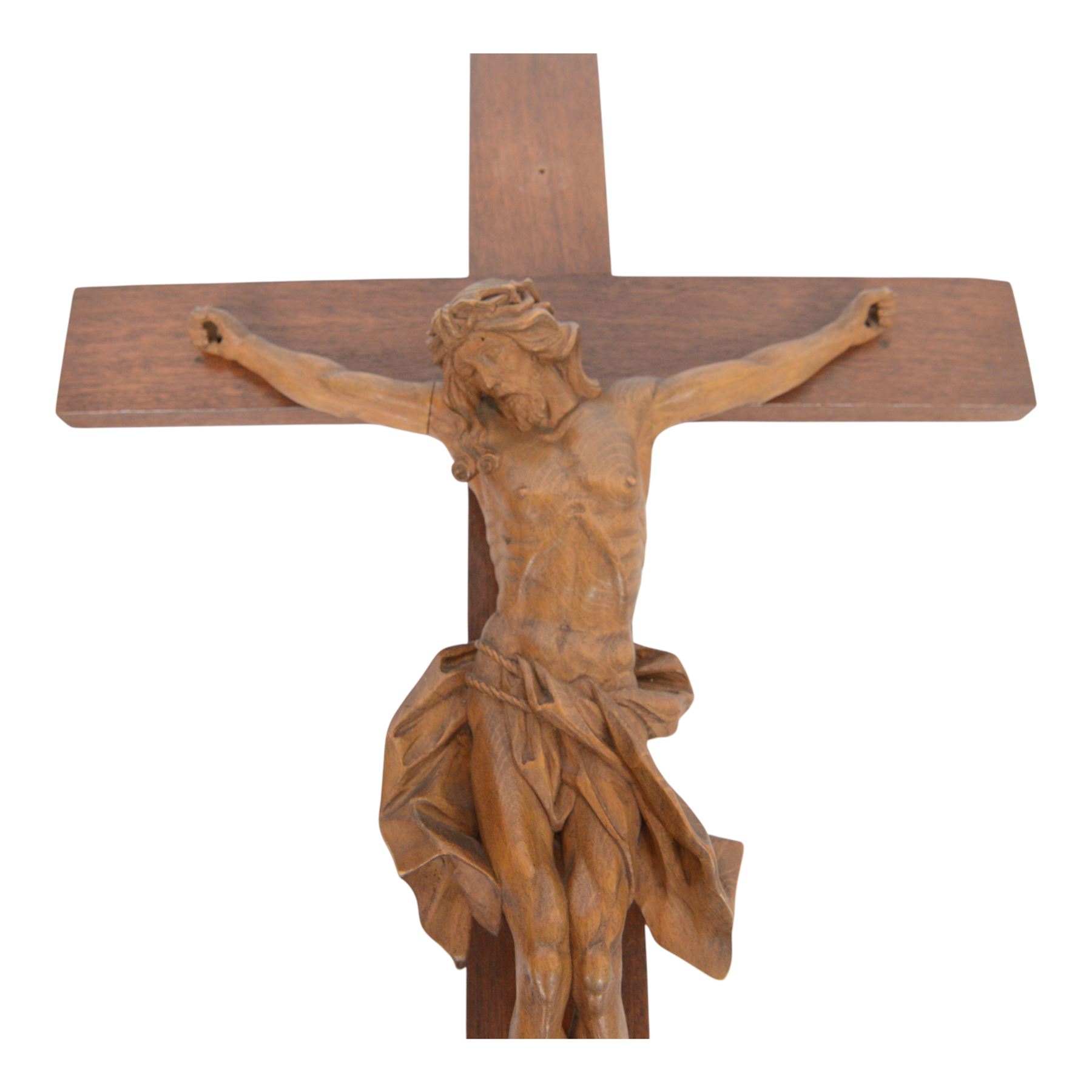 Eight crucifixes with Corpus Christi, various ages and materials, including wood and medal examples, largest H120cm 