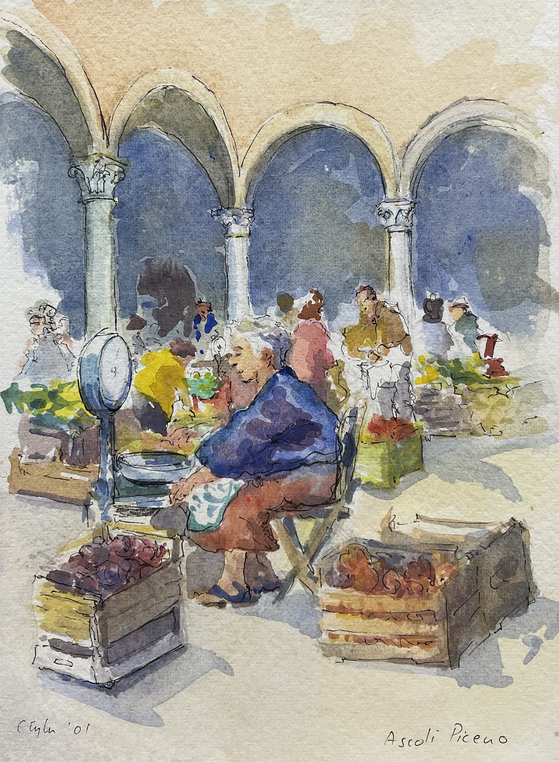 Catherine Tyler (British 1949-):  'Vegetable Seller - Ascoli Piceno', watercolour signed and dated '01, titled verso 18cm x 13cm 