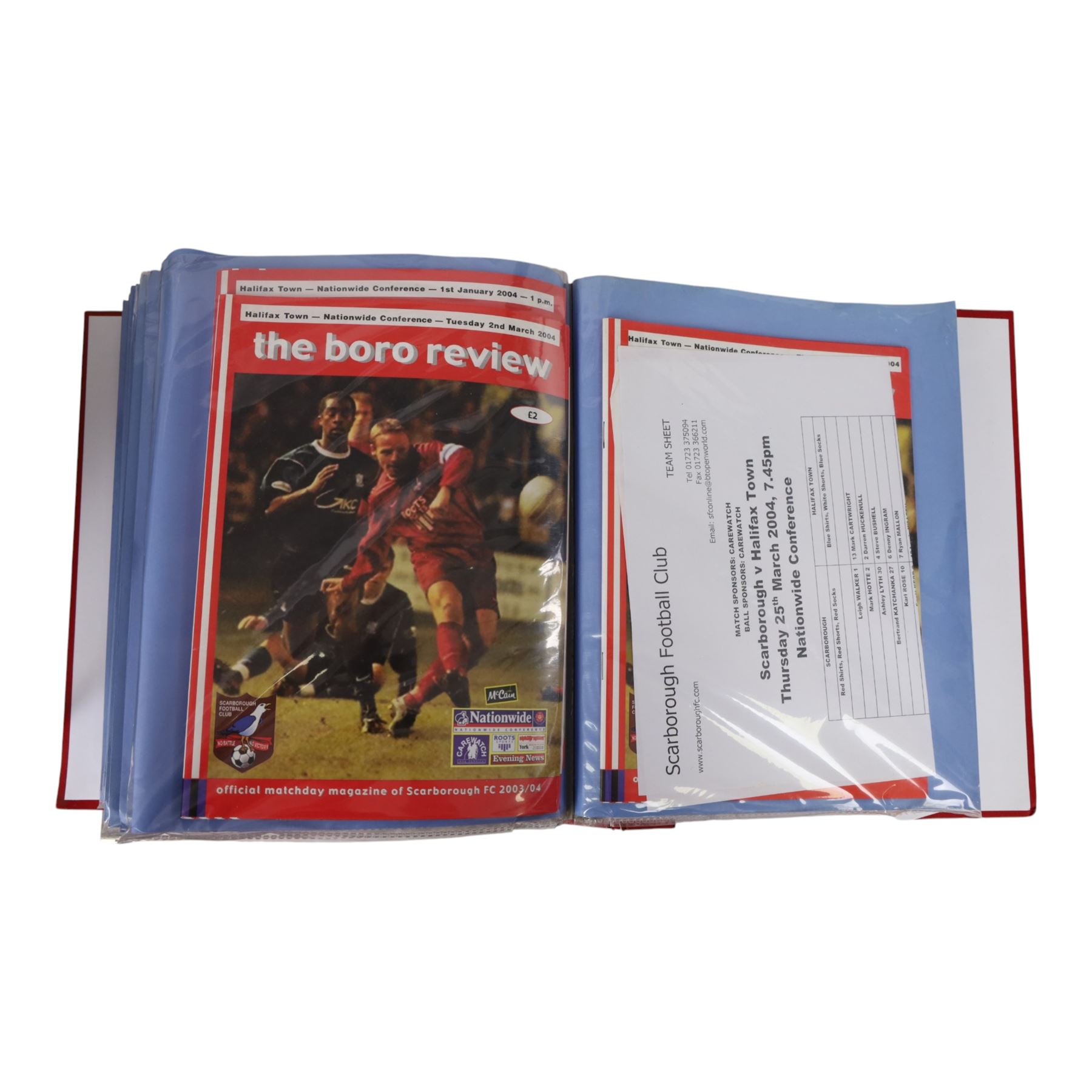 Comprehensive collection of approximately two hundred and thirty Scarborough FC football programmes for the 2003/04, 2004/05, 2005/06 and 2006/07 seasons, all filed within eight dedicated Scarborough FC red Home and Away binders