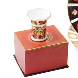 Pair of Royal Crown Derby Imari pattern plates 21cm, pair of tea plates, one boxed, tea cup and saucer and small vase, boxed all pattern 1128