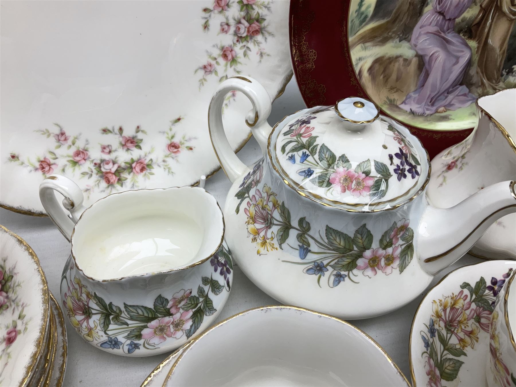 Paragon Victoriana Rose pattern tea service six and Paragon Country Lane pattern tea service for two and Vienna style plate